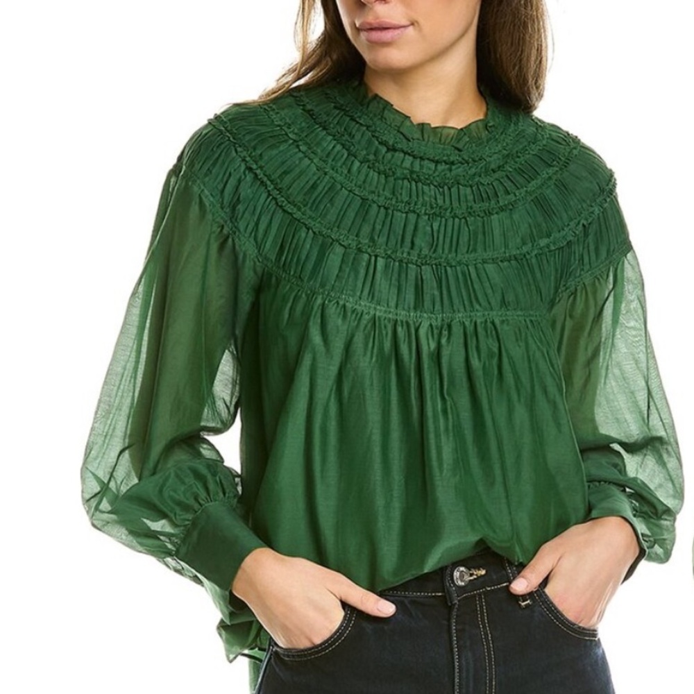 Rebecca Taylor Emerald Green Smocked Silk Blend Blouse Size 0 Romantic